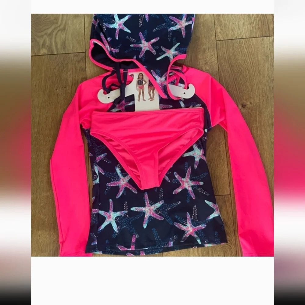 NEW Lands End Girls rash guard top, bikini top and bottom swim set, New 3 Piece